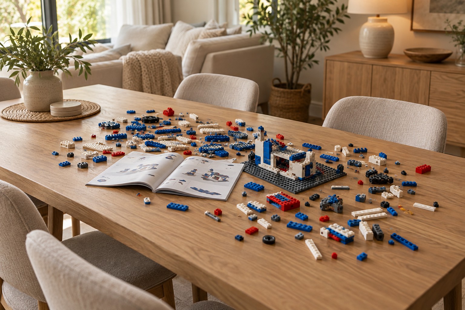Building pieces scattered across a dining table