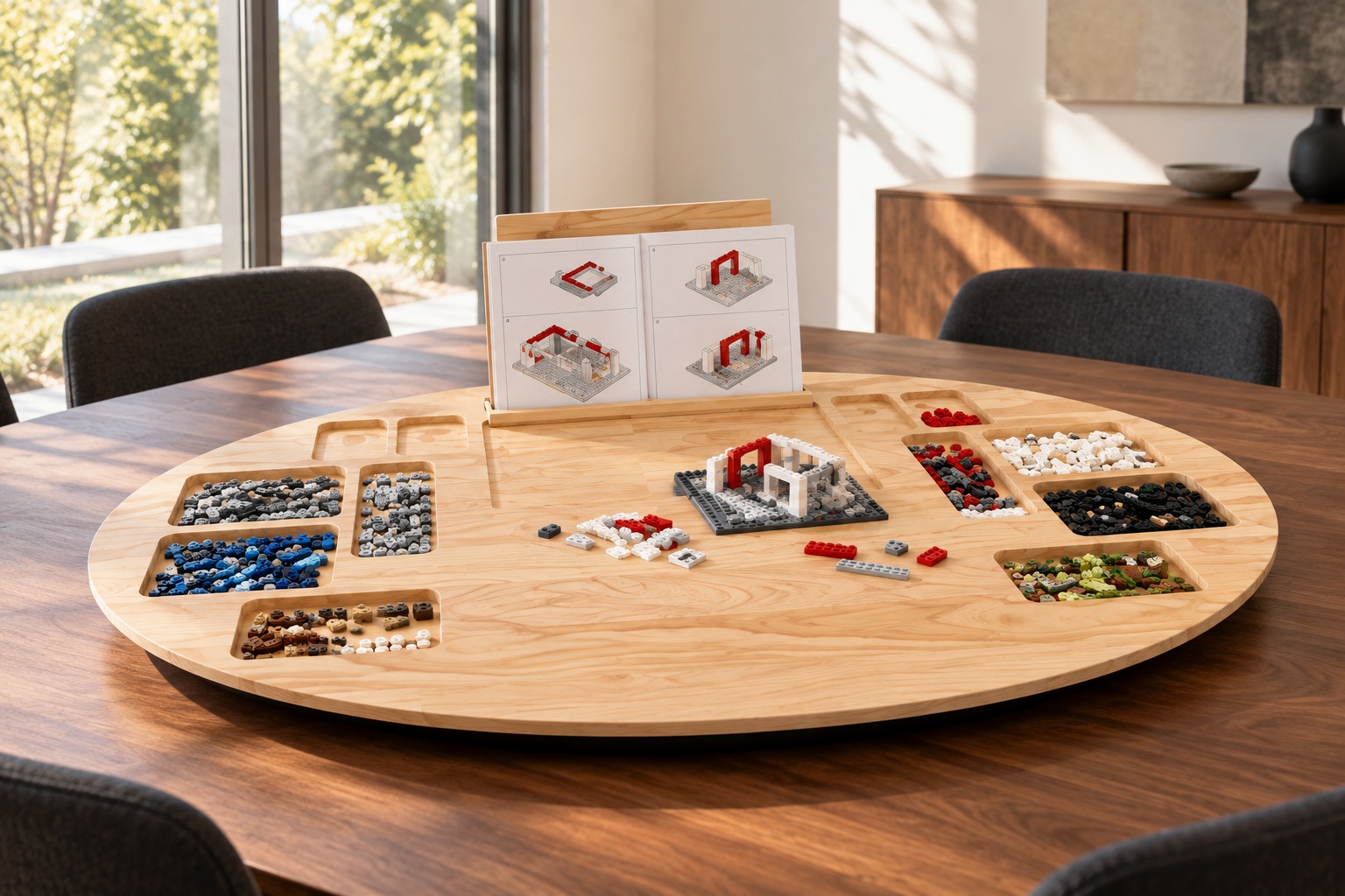 Wide oval building surface with space for parts, instructions and a shared project