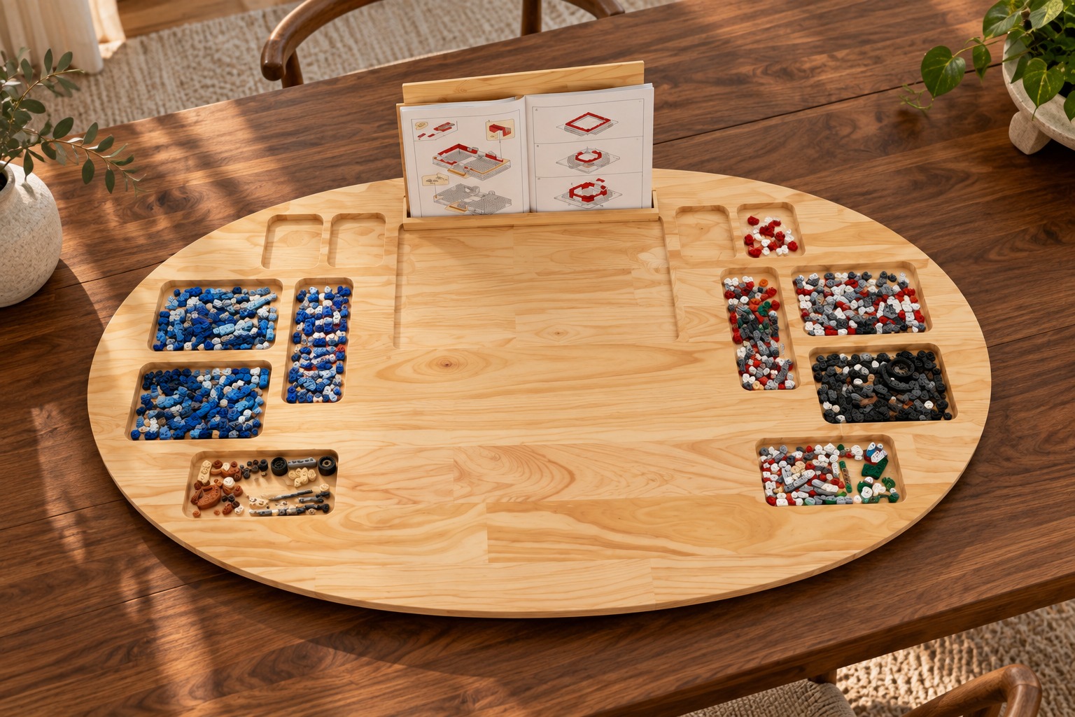 An overhead view of the large wooden tray with building pieces organised in recessed sorting zones