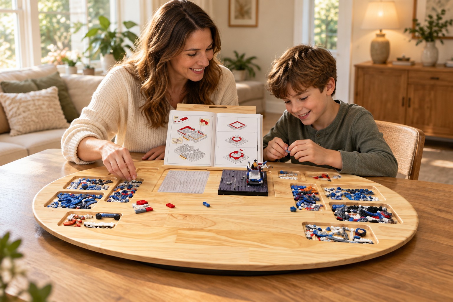A parent and child spending time together building around the wooden tray